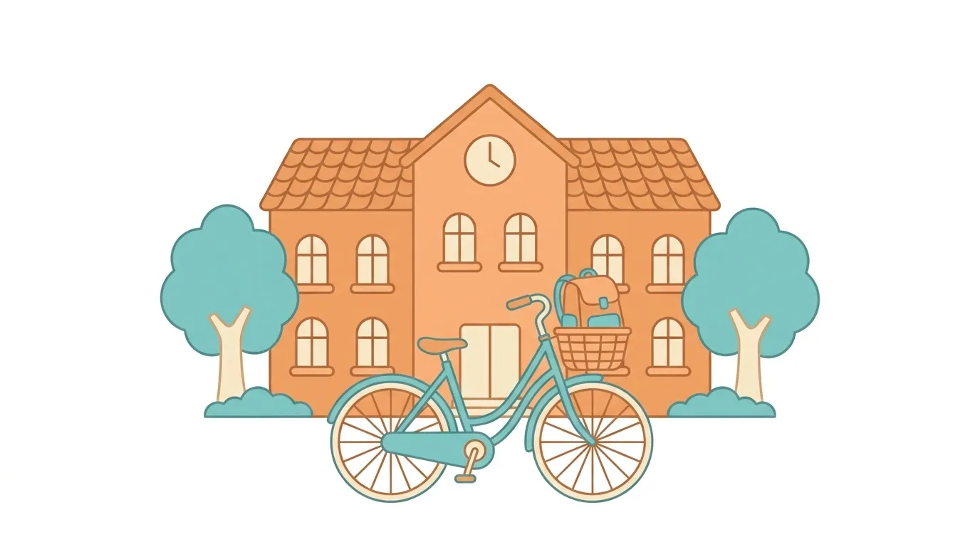 Ilustración de un colegio alemán con una bicicleta y una mochila en la canasta